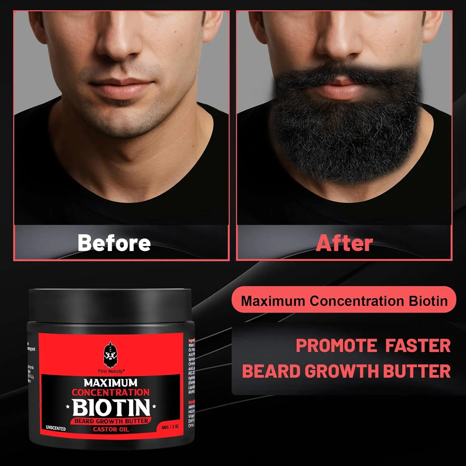 Beard Butter,Maximum Concentration Biotin,with Castor Oil and Argan & Jojoba Oils, Promotes Beard Growth, Styles, Strengthens & Softens Beards,Unruly Beards While Relieving Itch,4 Ounce