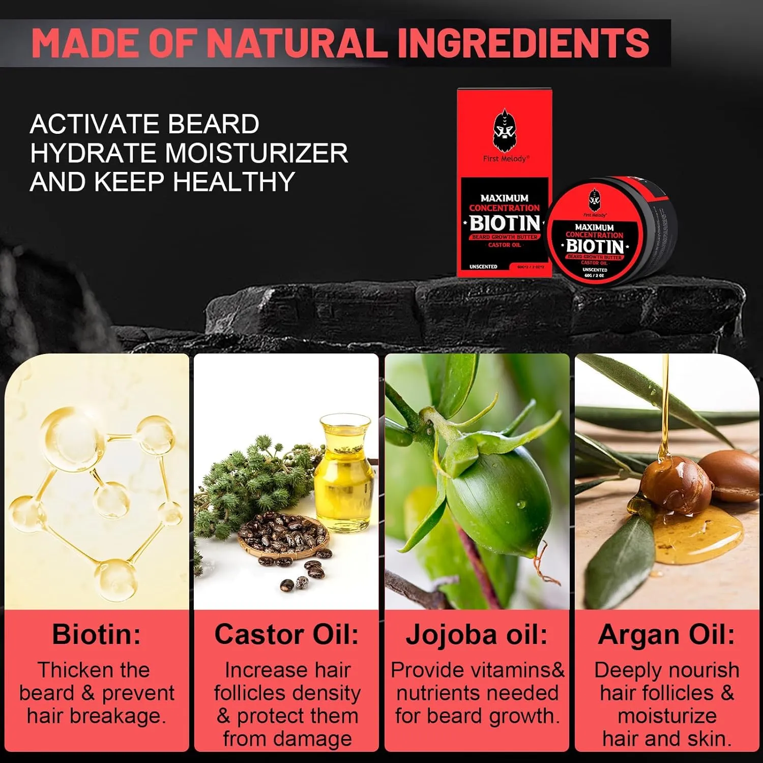 Beard Butter,Maximum Concentration Biotin,with Castor Oil and Argan & Jojoba Oils, Promotes Beard Growth, Styles, Strengthens & Softens Beards,Unruly Beards While Relieving Itch,4 Ounce