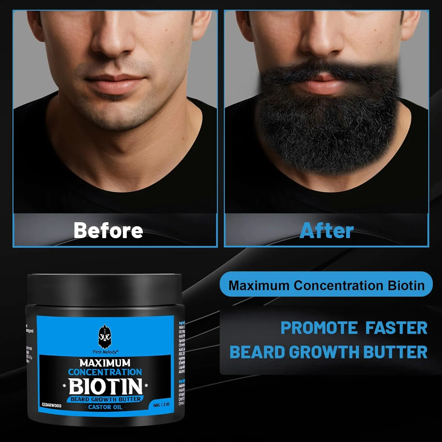 Beard Butter,Maximum Concentration Biotin,with Castor Oil and Argan & Jojoba Oils, Promotes Beard Growth, Styles, Strengthens & Softens Beards,Unruly Beards While Relieving Itch,4 Ounce