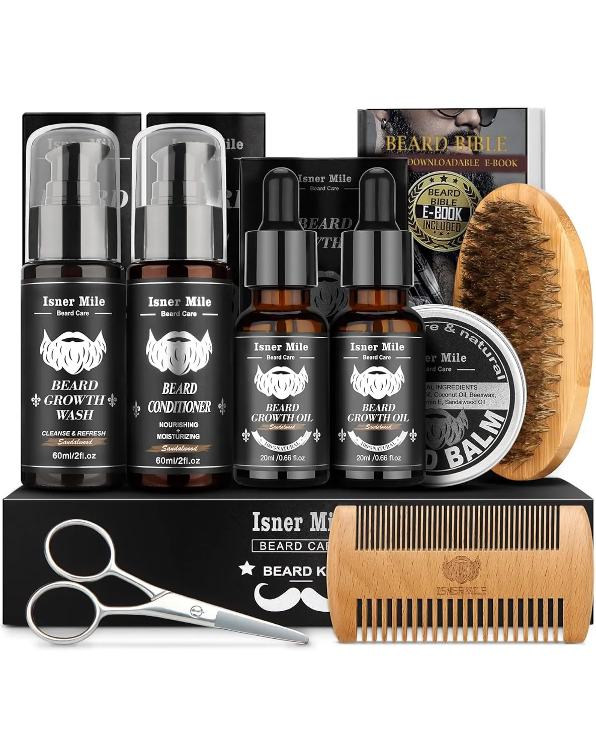 Beard Kit for Men Grooming & Care with 2 Pack Beard Oils - Balm - Wash & Conditioner for After Shave Lotions Sandalwood, Brush and Comb Sets with Scissors, Valentines Fathers Gifts for Dad Men Him