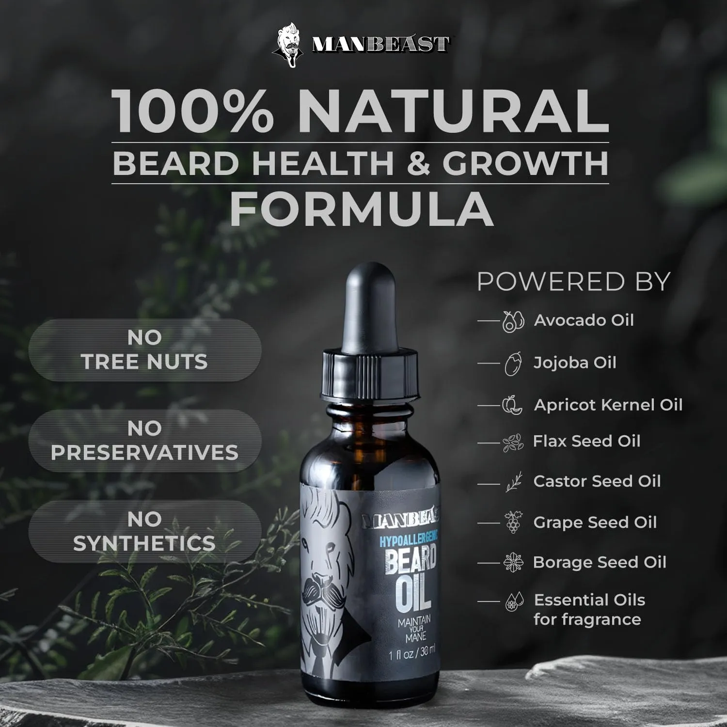 Beard Oil for Men - Hypoallergenic Natural Ingredients for Sensitive Skin, Nut Free Mustache Growth Conditioners, Natural Solution Conditioner to Men Made From Seed - Woodsman Beard Oil 30ml
