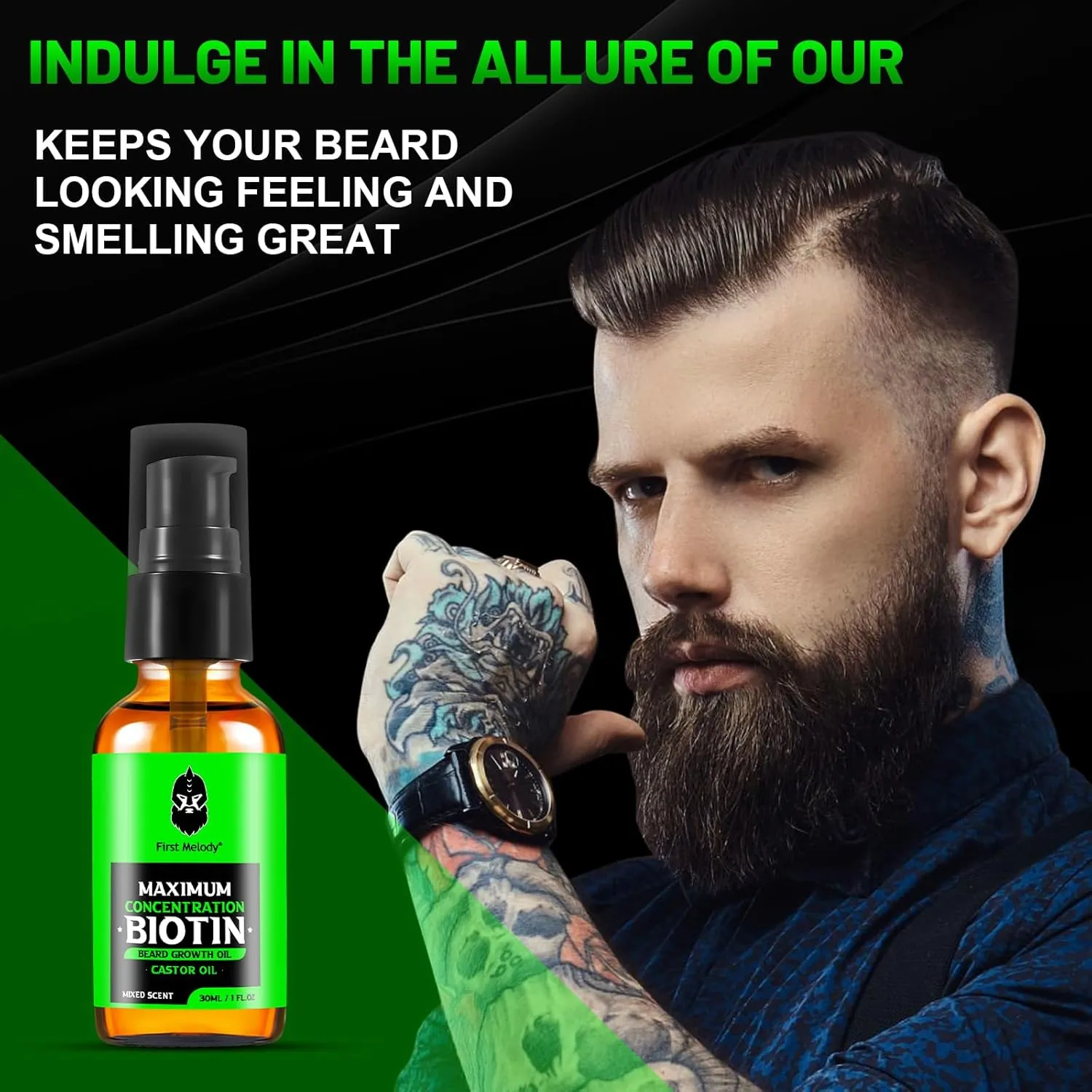 Beard Oil,Maximun Thickening Biotin, with Castor Oil and Argan & Jojoba Oils, Promotes Beard Growth, Styles, Strengthens & Softens Beards & Mustaches,1 Ounce*2（2 Pack）