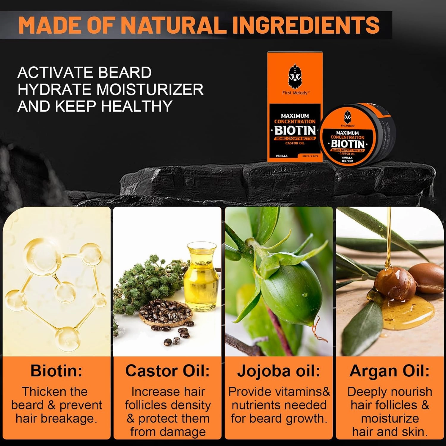 Beard Butter,Maximum Concentration Biotin,with Castor Oil and Argan & Jojoba Oils, Promotes Beard Growth, Styles, Strengthens & Softens Beards,Unruly Beards While Relieving Itch,4 Ounce