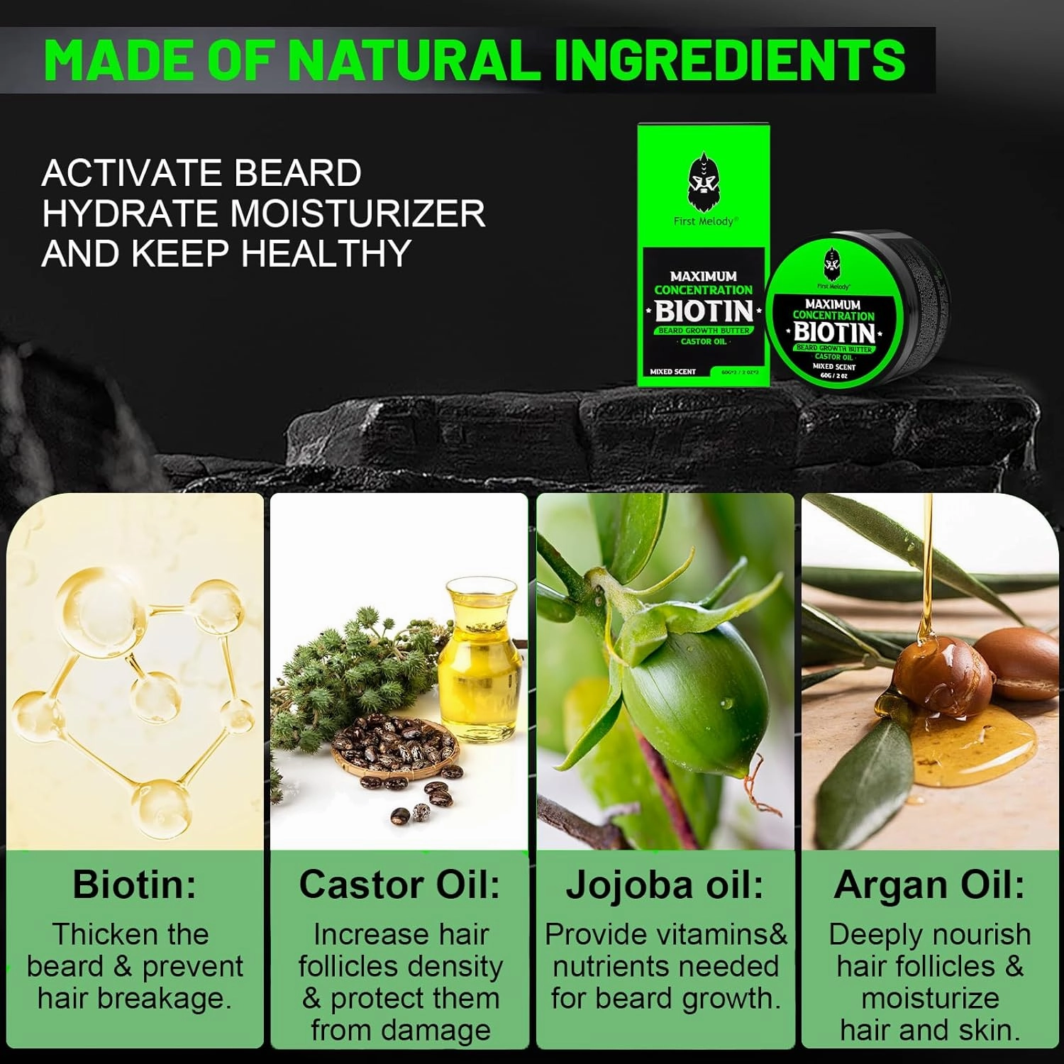 Beard Butter,Maximum Concentration Biotin,with Castor Oil and Argan & Jojoba Oils, Promotes Beard Growth, Styles, Strengthens & Softens Beards,Unruly Beards While Relieving Itch,4 Ounce