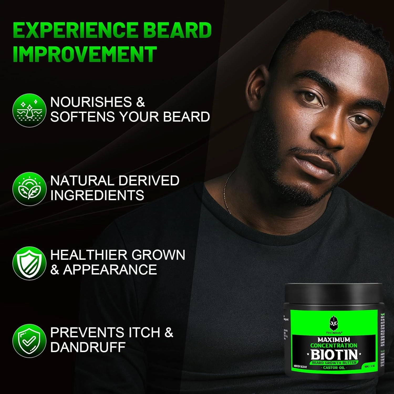 Beard Butter,Maximum Concentration Biotin,with Castor Oil and Argan & Jojoba Oils, Promotes Beard Growth, Styles, Strengthens & Softens Beards,Unruly Beards While Relieving Itch,4 Ounce