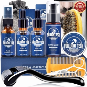 Beard Care Kit for Men-Nourish Soften Grooming Patchy Beard W/Vitamin Spray,Mustache Oil,Balm, Wash,Boar Bristle Brush,Wooden Comb,Scissors,Valentines Fathers Gifts for Men Dad Him Husband Boyfriend