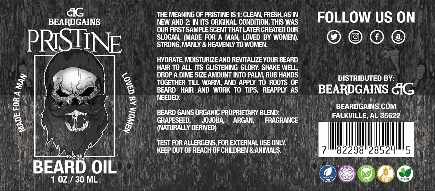 Beard Gains Beard Oil for Men - Organic Beard Growth Oil, Moisturizer & Conditioner, Softens & Strengthens Facial Hair, Reduces Itch, Promotes Healthy Beard (1oz, Pristine)