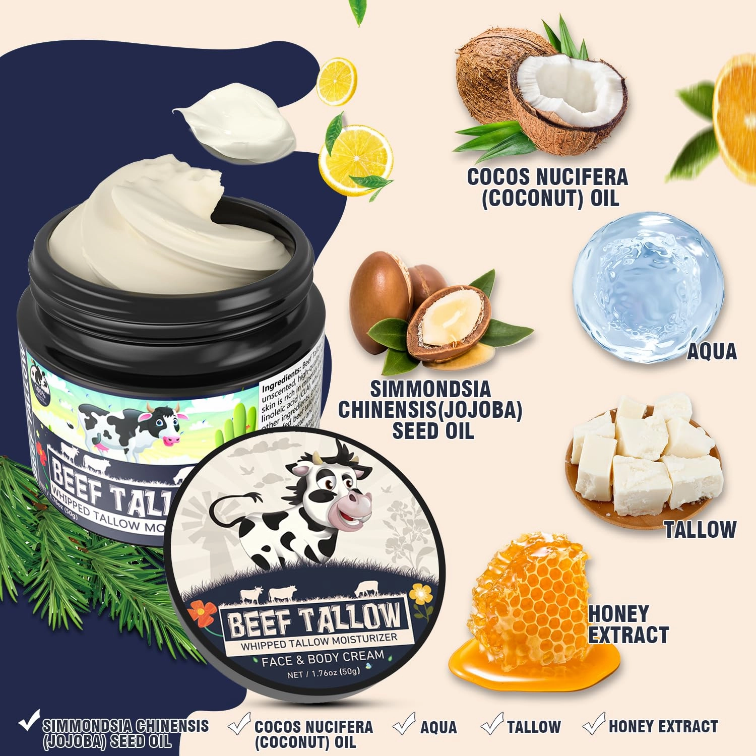 Beef Tallow, Beef Tallow for Skin, Organic Beef Tallow Balm, Whipped Tallow Face Moisturizer & Unscented Body Lotion,100% Grass Fed Beef Tallow for Face & Body Sensitive Skin