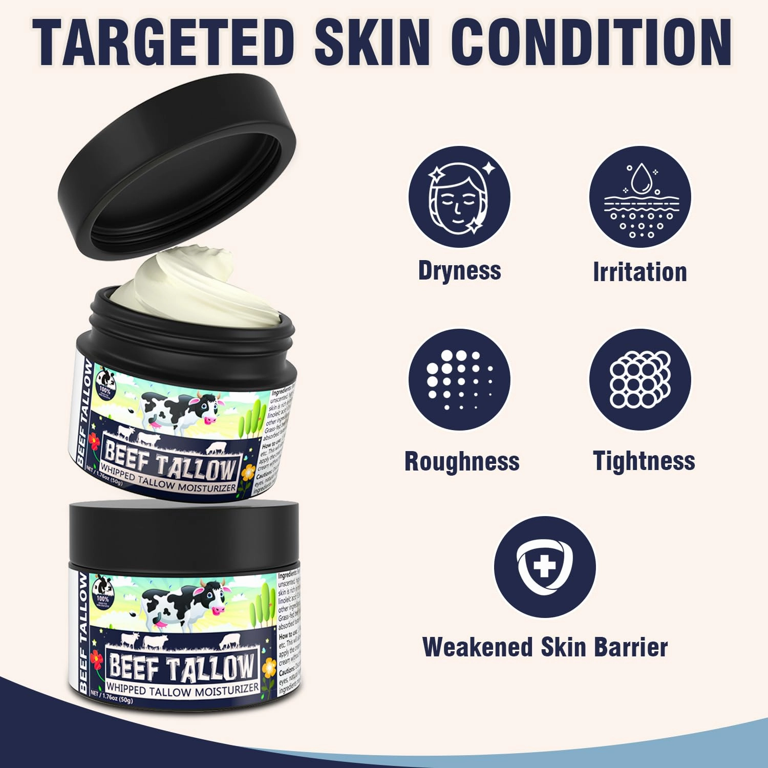 Beef Tallow, Beef Tallow for Skin, Organic Beef Tallow Balm, Whipped Tallow Face Moisturizer & Unscented Body Lotion,100% Grass Fed Beef Tallow for Face & Body Sensitive Skin
