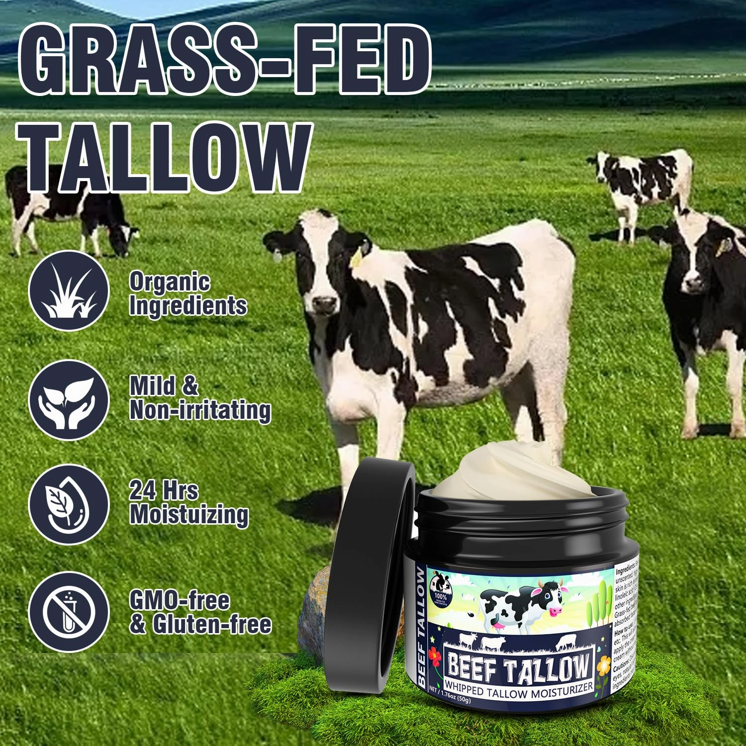 Beef Tallow, Beef Tallow for Skin, Organic Beef Tallow Balm, Whipped Tallow Face Moisturizer & Unscented Body Lotion,100% Grass Fed Beef Tallow for Face & Body Sensitive Skin
