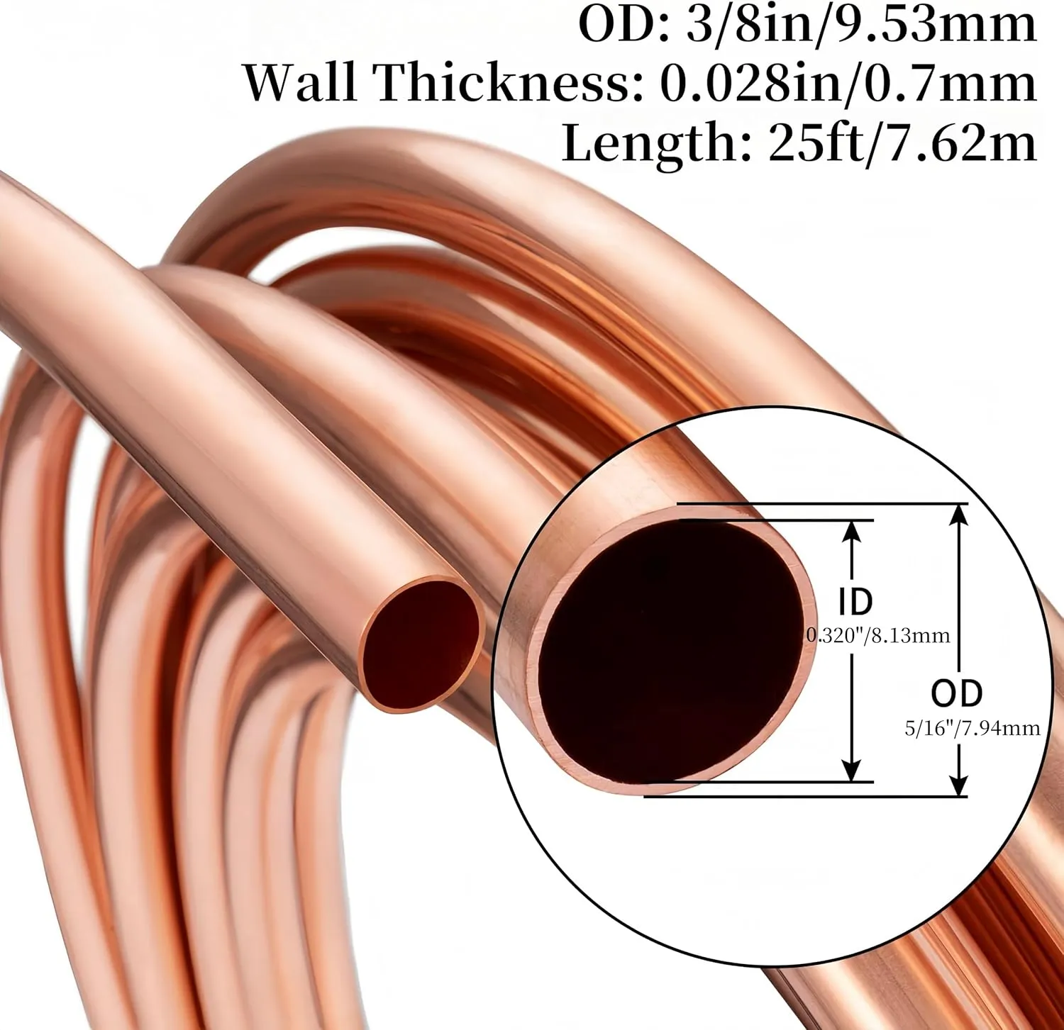 BELLA BAYS Copper Tubing 3/8" OD x 0.320" ID x 25 ft, 99.9% C12200 ASTM B280 Refrigeration ACR Tubing Seamless Soft Coil Round T2 Pure Copper Tube for HVAC System, Refrigerator, Industry, DIY