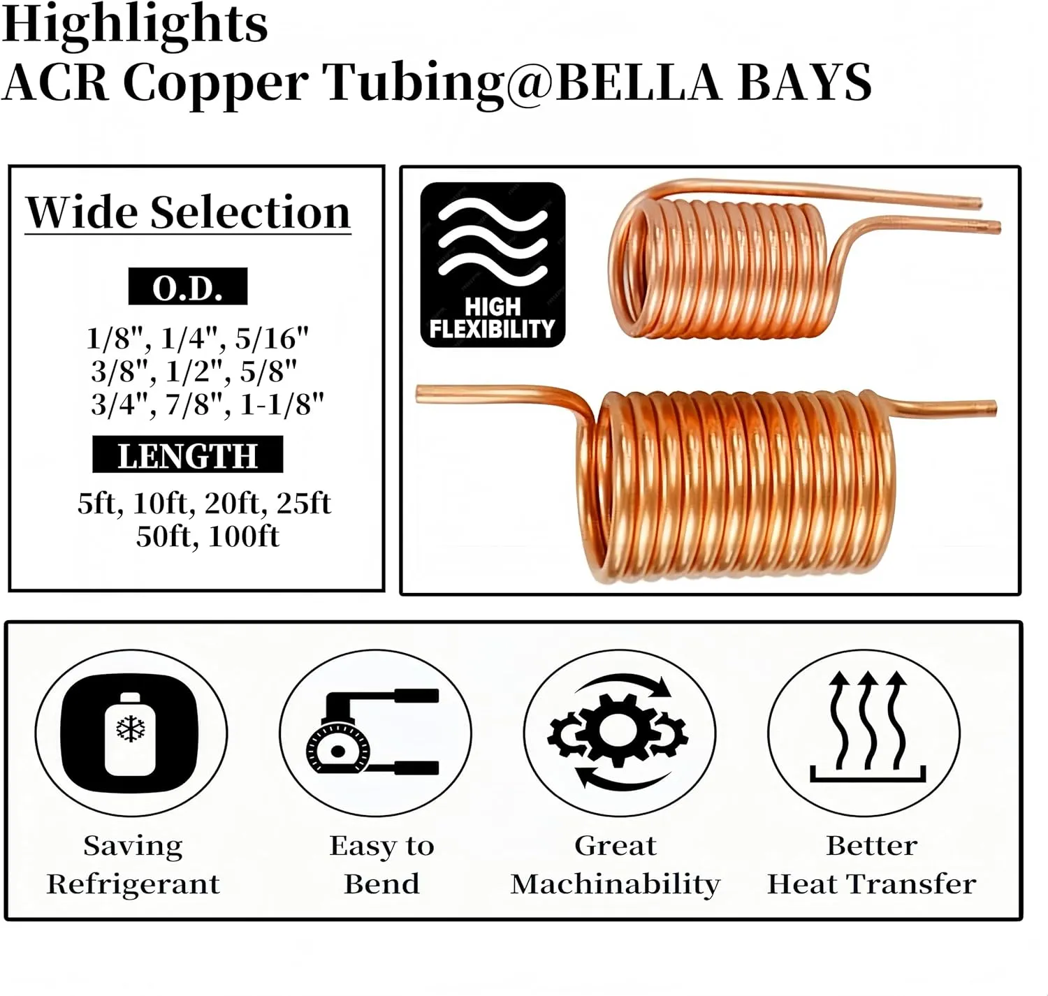 BELLA BAYS Copper Tubing 3/8" OD x 0.320" ID x 25 ft, 99.9% C12200 ASTM B280 Refrigeration ACR Tubing Seamless Soft Coil Round T2 Pure Copper Tube for HVAC System, Refrigerator, Industry, DIY