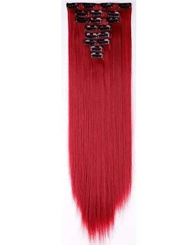 Benehair Clip in Hair Extensions 8PCS 23inch Long Straight Synthetic Hairpieces Dark Red Hair Extensions Double Weft Hairpieces for Women Full Head Cosplay Party Wedding Hairpiece