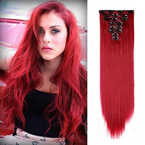 Benehair Clip in Hair Extensions 8PCS 23inch Long Straight Synthetic Hairpieces Dark Red Hair Extensions Double Weft Hairpieces for Women Full Head Cosplay Party Wedding Hairpiece