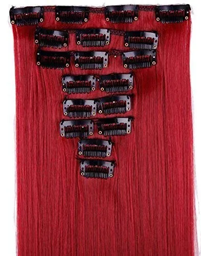 Benehair Clip in Hair Extensions 8PCS 23inch Long Straight Synthetic Hairpieces Dark Red Hair Extensions Double Weft Hairpieces for Women Full Head Cosplay Party Wedding Hairpiece