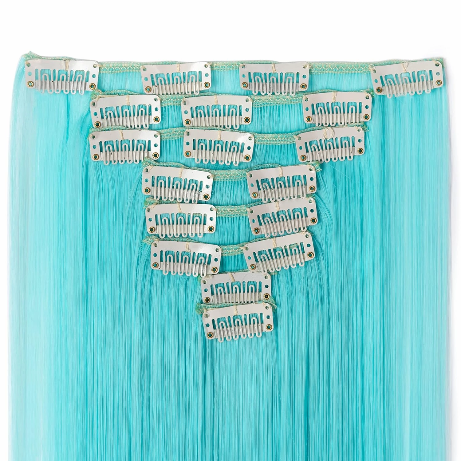 Benehair 8PCS Clip in Hair Extensions for Women Sky Blue Highlight Hair Extensions Seamless Double Weft Full Head 18 Clips Women Colorful Hairpiece 26" Straight Cosplay Christmas Party