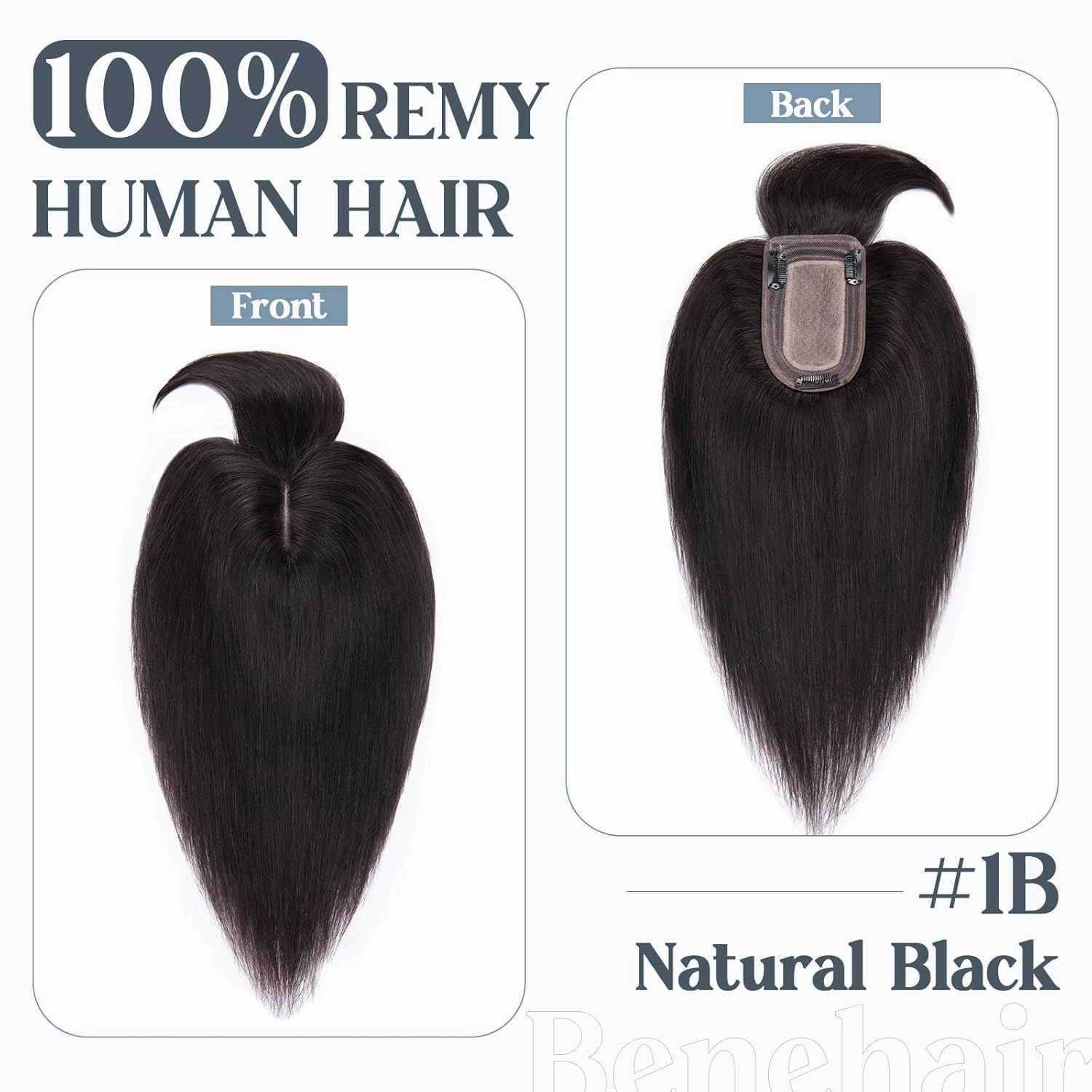 Benehair Hair Toppers for Women Real Human Hair With Bangs 150% Density Remy Human Hair 7 * 13 CM Silk Base Clip in Hair Pieces for Women with Thinning Hair 12 Inch #1B Natural Black