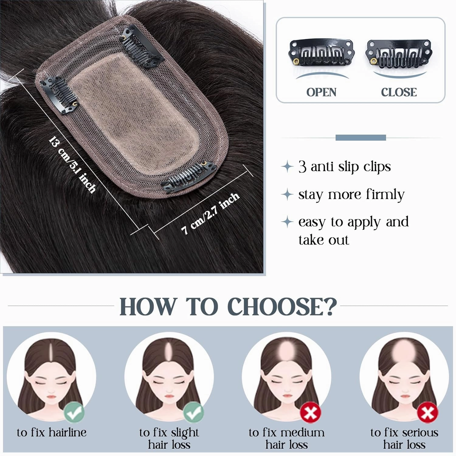 Benehair Hair Toppers for Women Real Human Hair With Bangs 150% Density Remy Human Hair 7 * 13 CM Silk Base Clip in Hair Pieces for Women with Thinning Hair 12 Inch #1B Natural Black