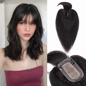 Benehair Hair Toppers for Women Real Human Hair With Bangs 150% Density Remy Human Hair 7 * 13 CM Silk Base Clip in Hair Pieces for Women with Thinning Hair 12 Inch #1B Natural Black