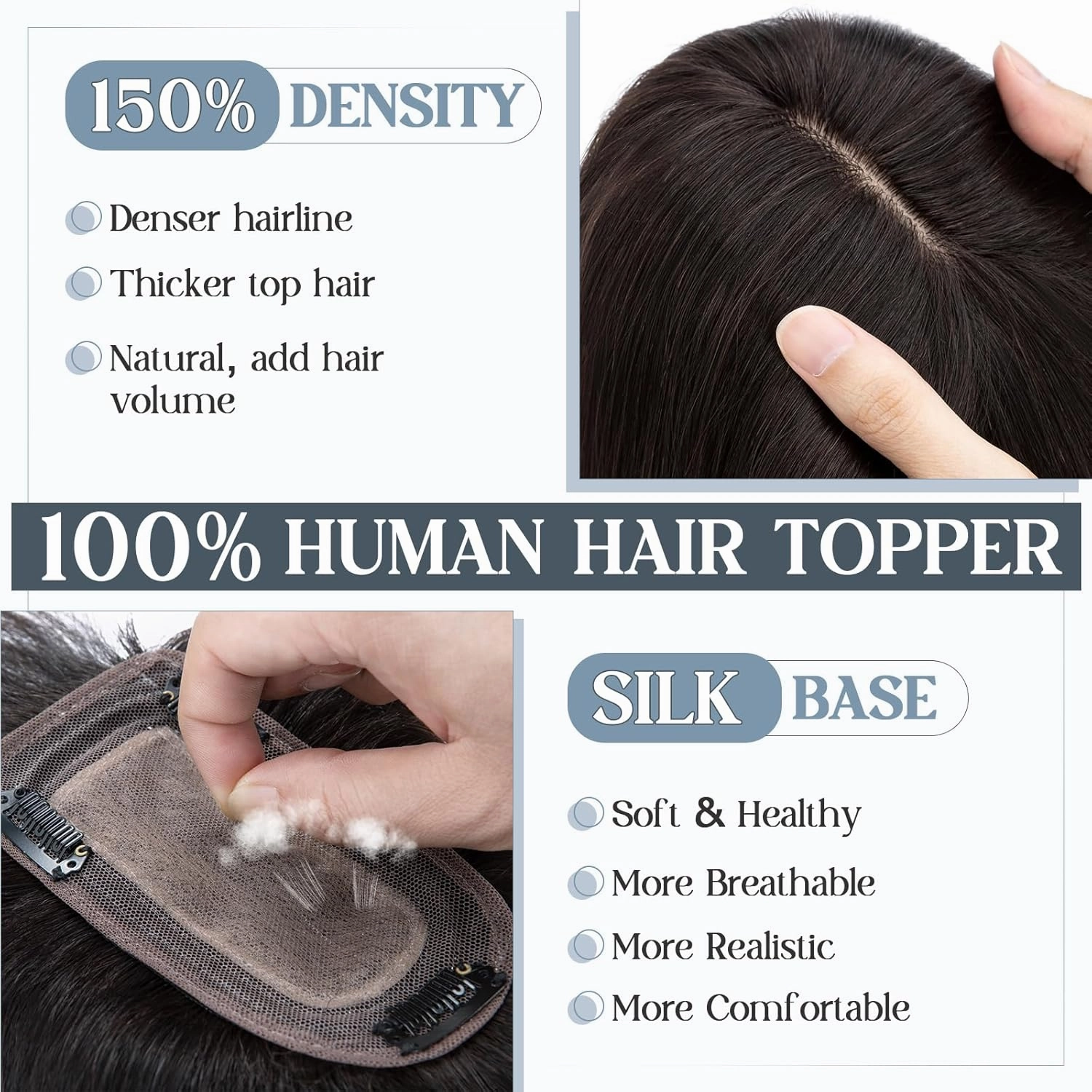 Benehair Hair Toppers for Women Real Human Hair With Bangs 150% Density Remy Human Hair 7 * 13 CM Silk Base Clip in Hair Pieces for Women with Thinning Hair 12 Inch #1B Natural Black