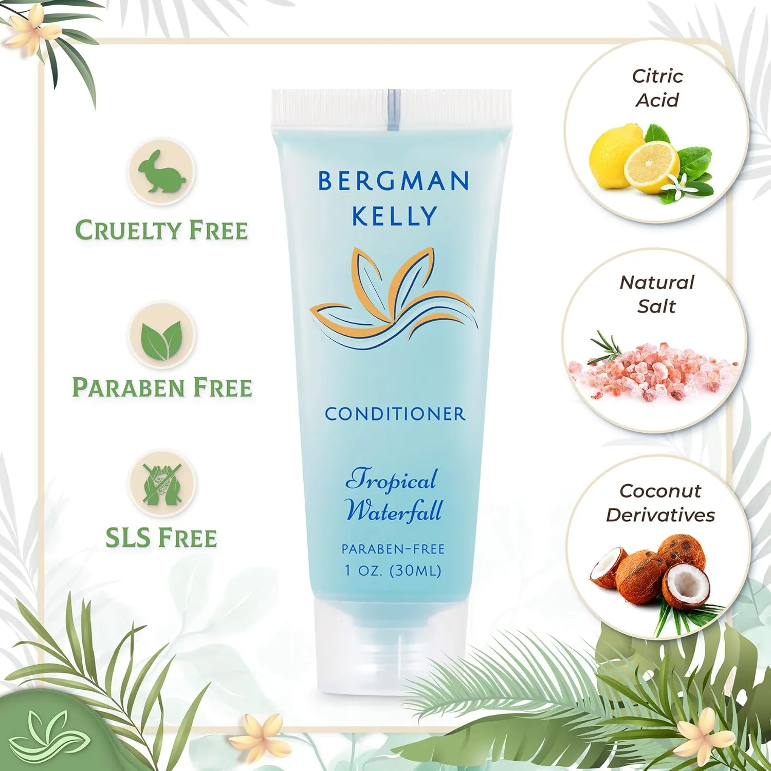 BERGMAN KELLY - Hotel Toiletries Bundle - Tropical Waterfall, 1 oz ea, 125 Pieces - 5-Piece Set: 25 ea Rectangular Bar Soap, Shampoo, Conditioner, Body Lotion & Body Wash - Bulk Mini Guest Amenities