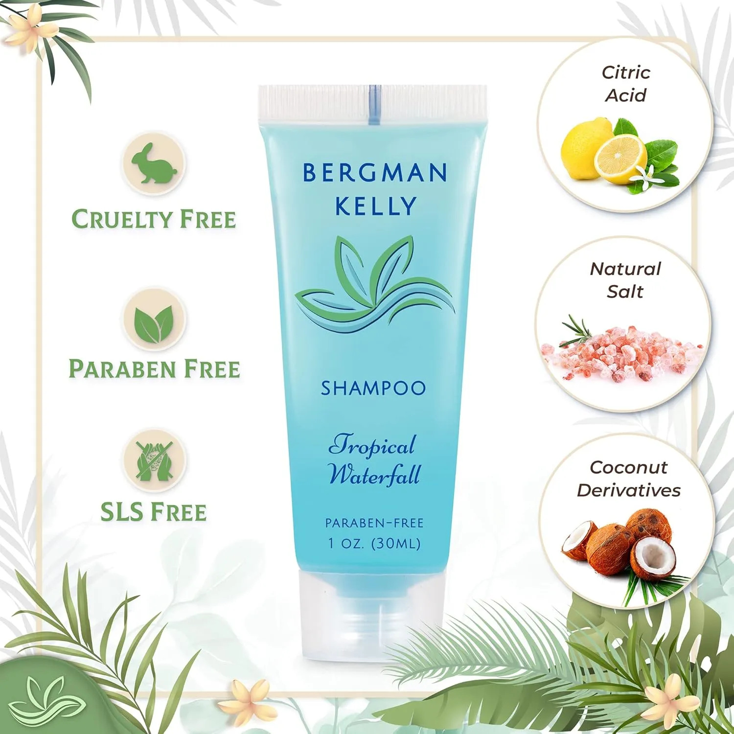 BERGMAN KELLY Hotel Toiletries Bundle (Tropical Waterfall, 1 oz each, 200 Pieces) 4-Piece Set: 50 Rectangular Bar Soap, 50 Shampoo, 50 Conditioner & 50 Body Lotion - Bulk Mini Guest Amenities