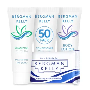BERGMAN KELLY Hotel Toiletries Bundle (White Tea, 1 oz each, 200 Pieces) 4-Piece Set: 50 Rectangular Bar Soap, 50 Shampoo, 50 Conditioner & 50 Body Lotion - Bulk Mini Guest Amenities