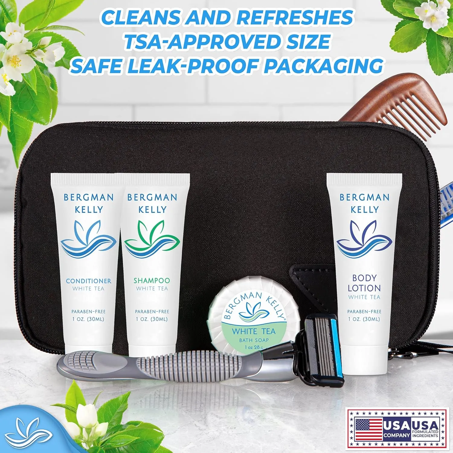 BERGMAN KELLY Hotel Toiletries Bundle (White Tea, 1 oz each, 200 Pieces) 4-Piece Set: 50 Rectangular Bar Soap, 50 Shampoo, 50 Conditioner & 50 Body Lotion - Bulk Mini Guest Amenities