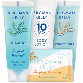 Bergman Kelly Hotel Toiletries Bundle (Tropical Waterfall, 1 oz each, 40 Pcs) 4-Piece Set: 10 Rectangular Bar Soap, 10 Shampoo, 10 Conditioner & 10 Body Lotion - Bulk Mini Guest Amenities Supply