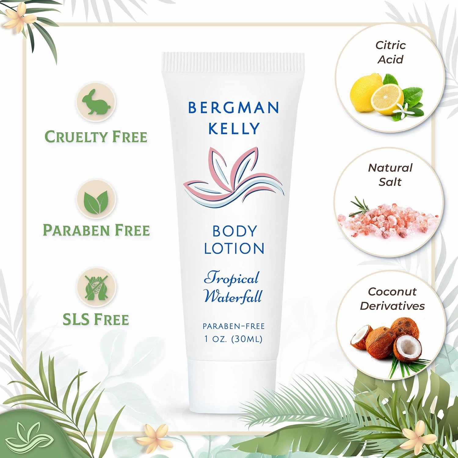 Bergman Kelly Hotel Toiletries Bundle (Tropical Waterfall, 1 oz each, 40 Pcs) 4-Piece Set: 10 Rectangular Bar Soap, 10 Shampoo, 10 Conditioner & 10 Body Lotion - Bulk Mini Guest Amenities Supply