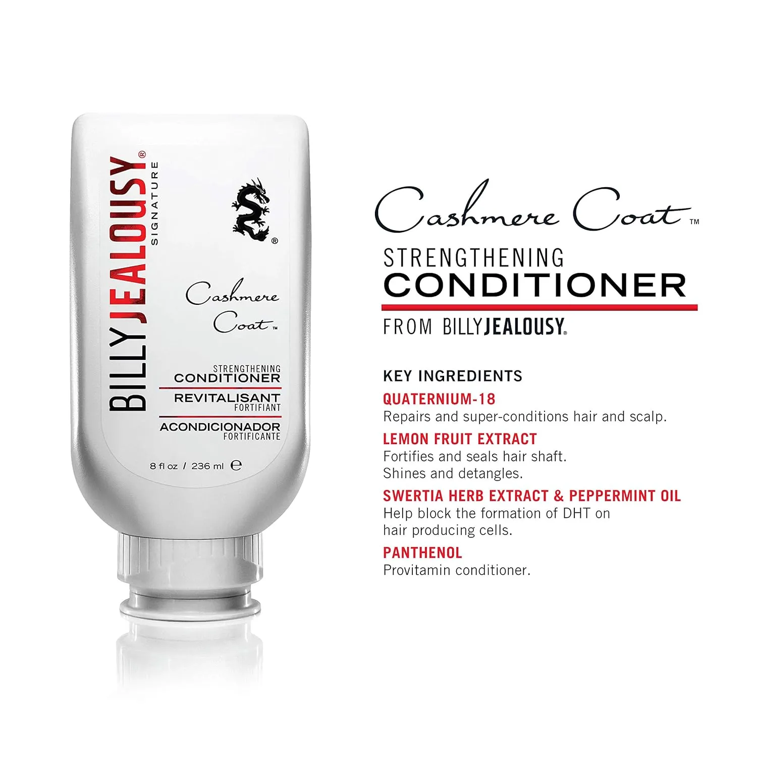 Billy Jealousy Cashmere Coat Hair Conditioner for Men, Strengthening & Hydrating Conditioner Infused with Peppermint, Lemon Fruit & Swertia Extract Ideal for Fine, Thinning Hair