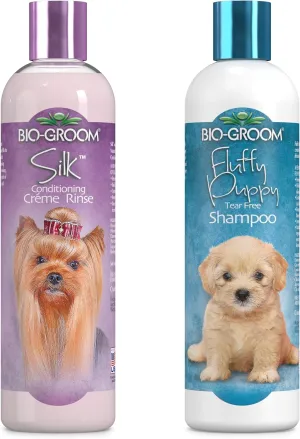 Bio-Groom Dog Shampoo and Conditioner Set - Tearless Shampoo for Dogs, Puppies & Cats, Moisturizing Conditioner for Dry Skin - Silk Conditioning Creme Rinse & Tear Free Shampoo, 12 Fl Oz Each (1 Set)