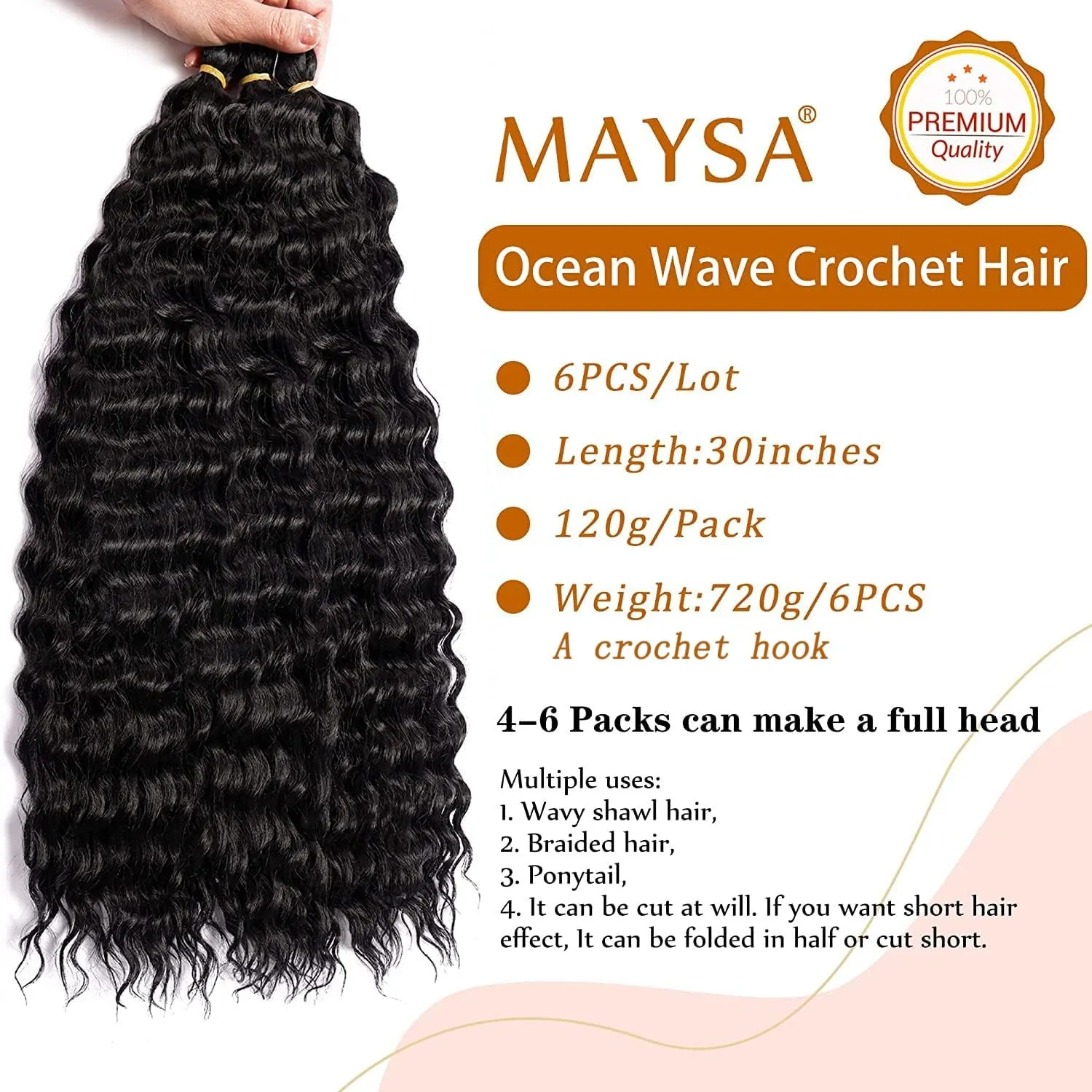 Black Curly Braiding Hair Ocean Wave Crochet Hair Extensions 6Packs Deep Wave Crochet Hair 30 inch #1B Natural Black