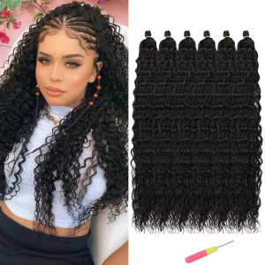 Black Curly Braiding Hair Ocean Wave Crochet Hair Extensions 6Packs Deep Wave Crochet Hair 30 inch #1B Natural Black