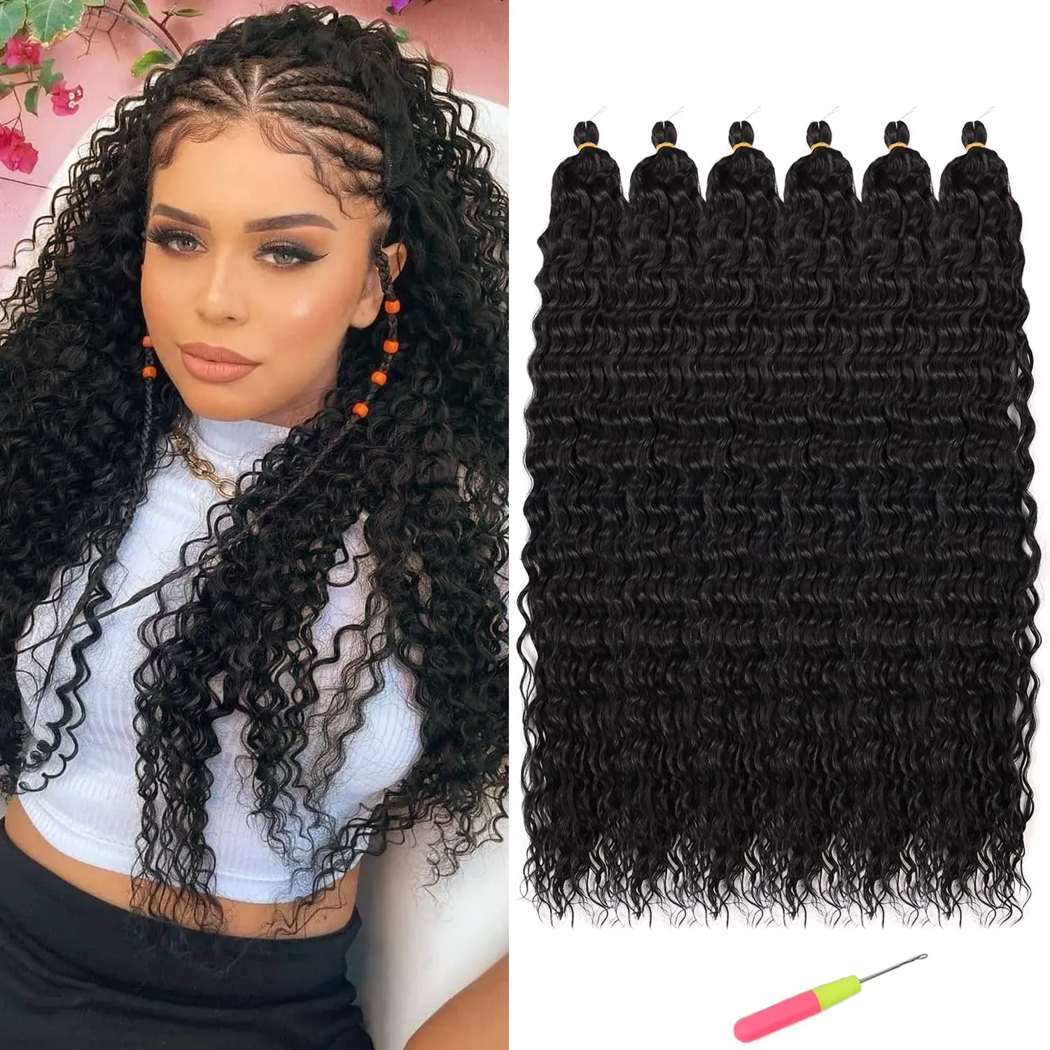 Black Curly Braiding Hair Ocean Wave Crochet Hair Extensions 6Packs Deep Wave Crochet Hair 30 inch #1B Natural Black