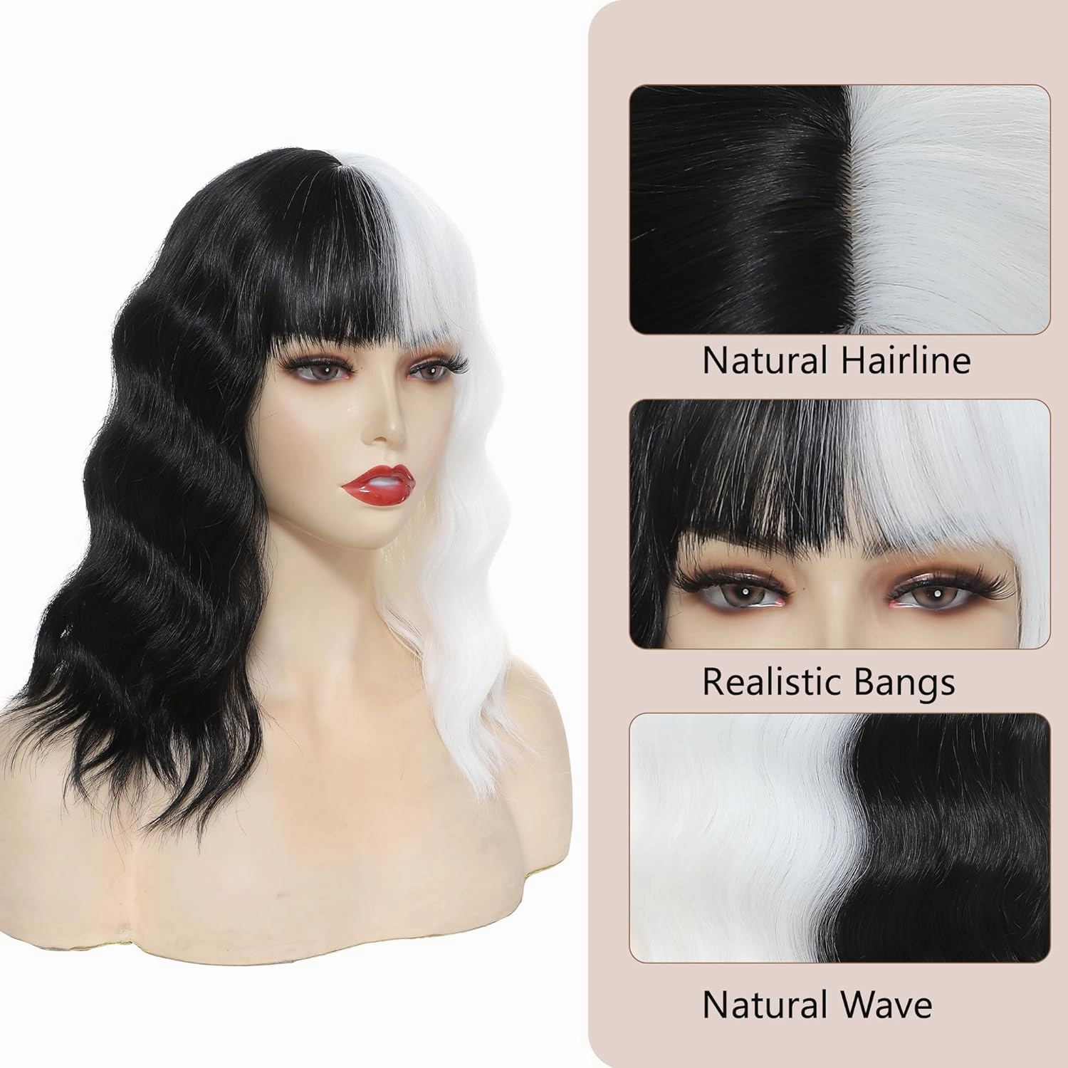 Black and White Wig for Women Short Wavy Wig with Bangs Bob Curly Wich Wigs Women's Colorful Synthetic Shoulder Length for Cosplay Halloween Party
