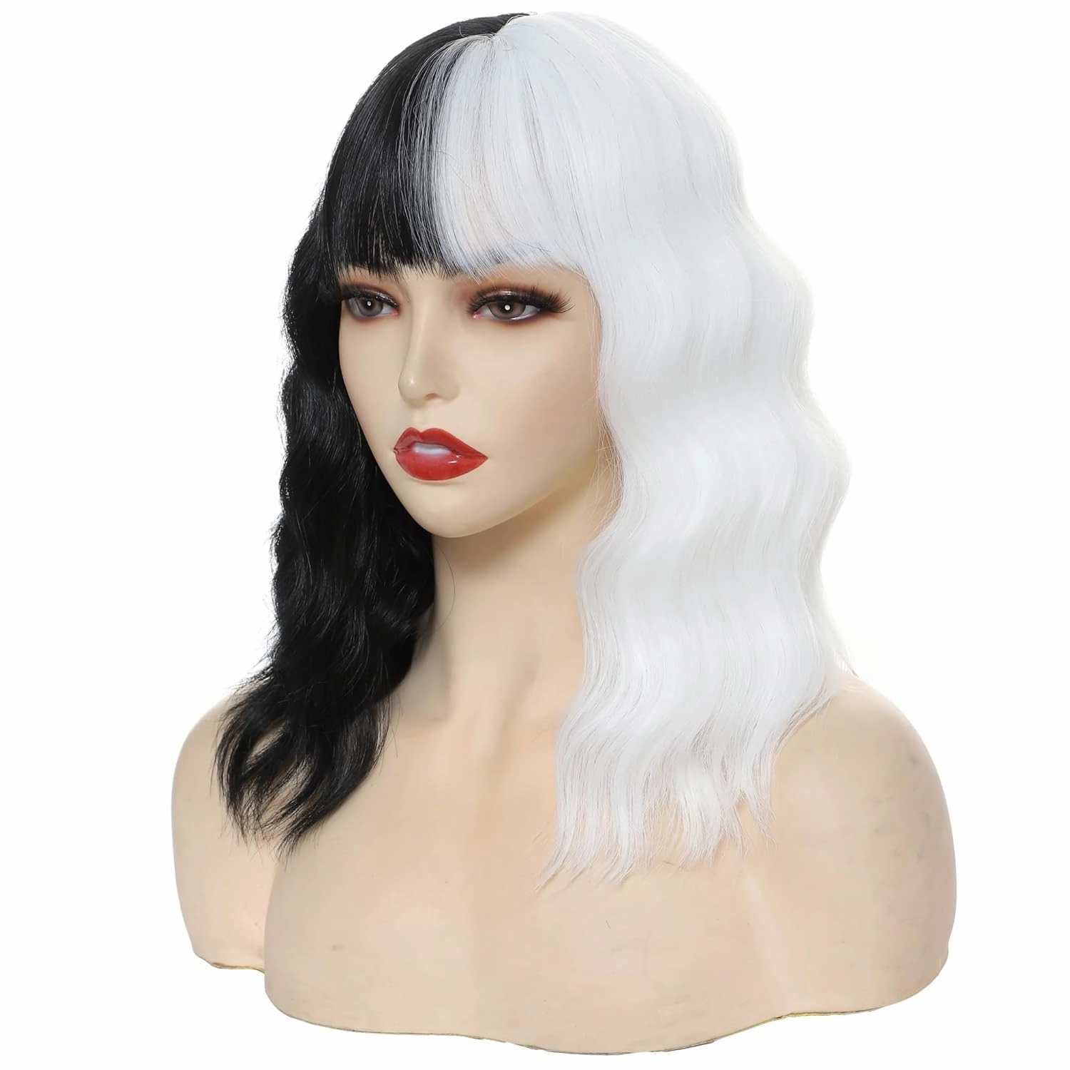 Black and White Wig for Women Short Wavy Wig with Bangs Bob Curly Wich Wigs Women's Colorful Synthetic Shoulder Length for Cosplay Halloween Party