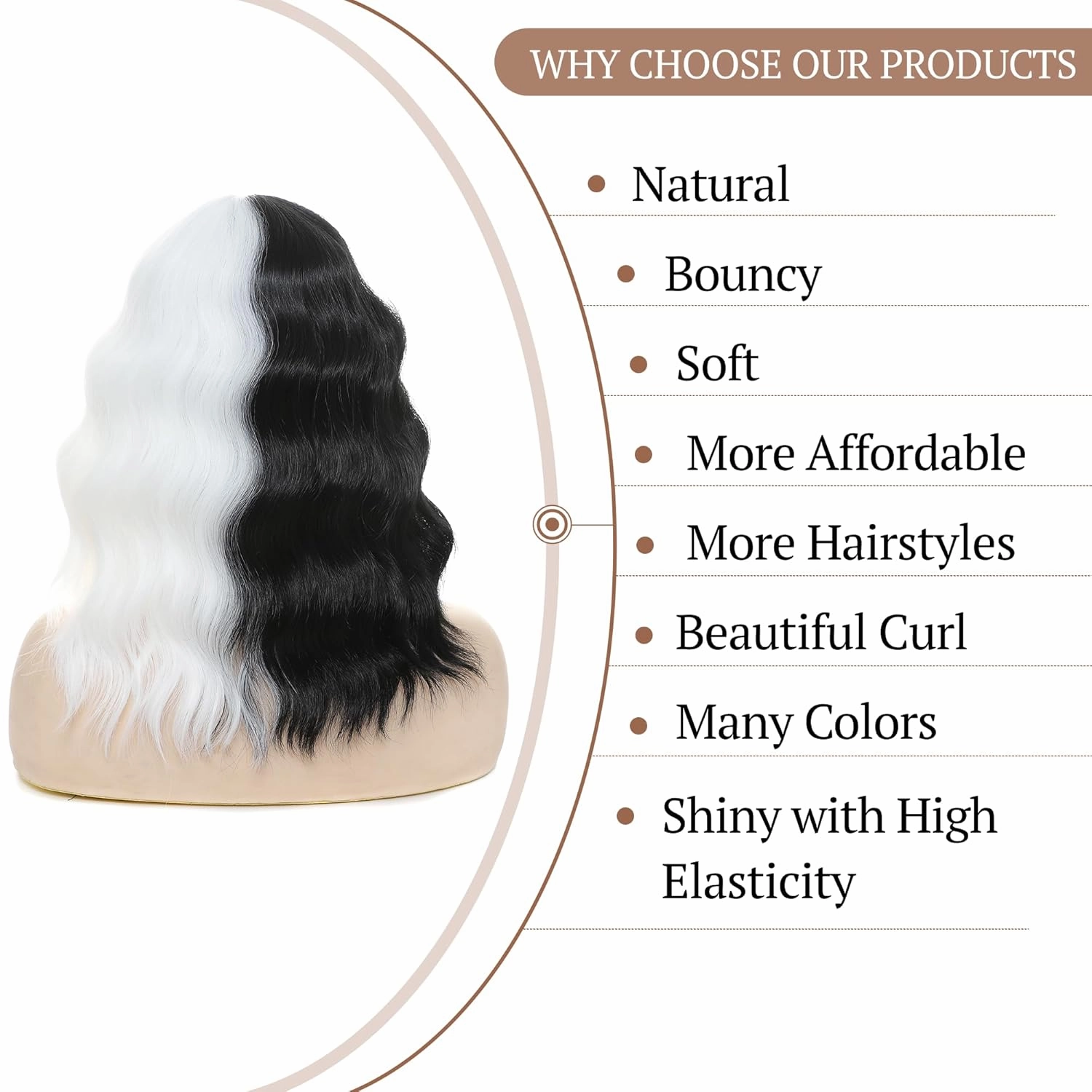 Black and White Wig for Women Short Wavy Wig with Bangs Bob Curly Wich Wigs Women's Colorful Synthetic Shoulder Length for Cosplay Halloween Party
