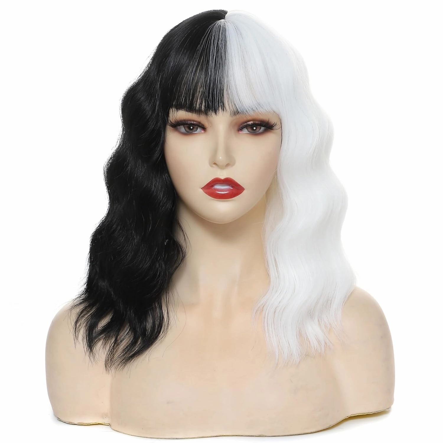 Black and White Wig for Women Short Wavy Wig with Bangs Bob Curly Wich Wigs Women's Colorful Synthetic Shoulder Length for Cosplay Halloween Party