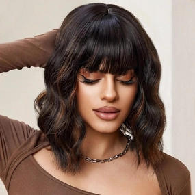 Black Mixed Brown Short Curly Wavy Wig with Bangs for Women Shoulder Length Bob Wig Women's Wigs Synthetic Heat Resistant Fiber Wigs for Daily Party Use (14 Inches)