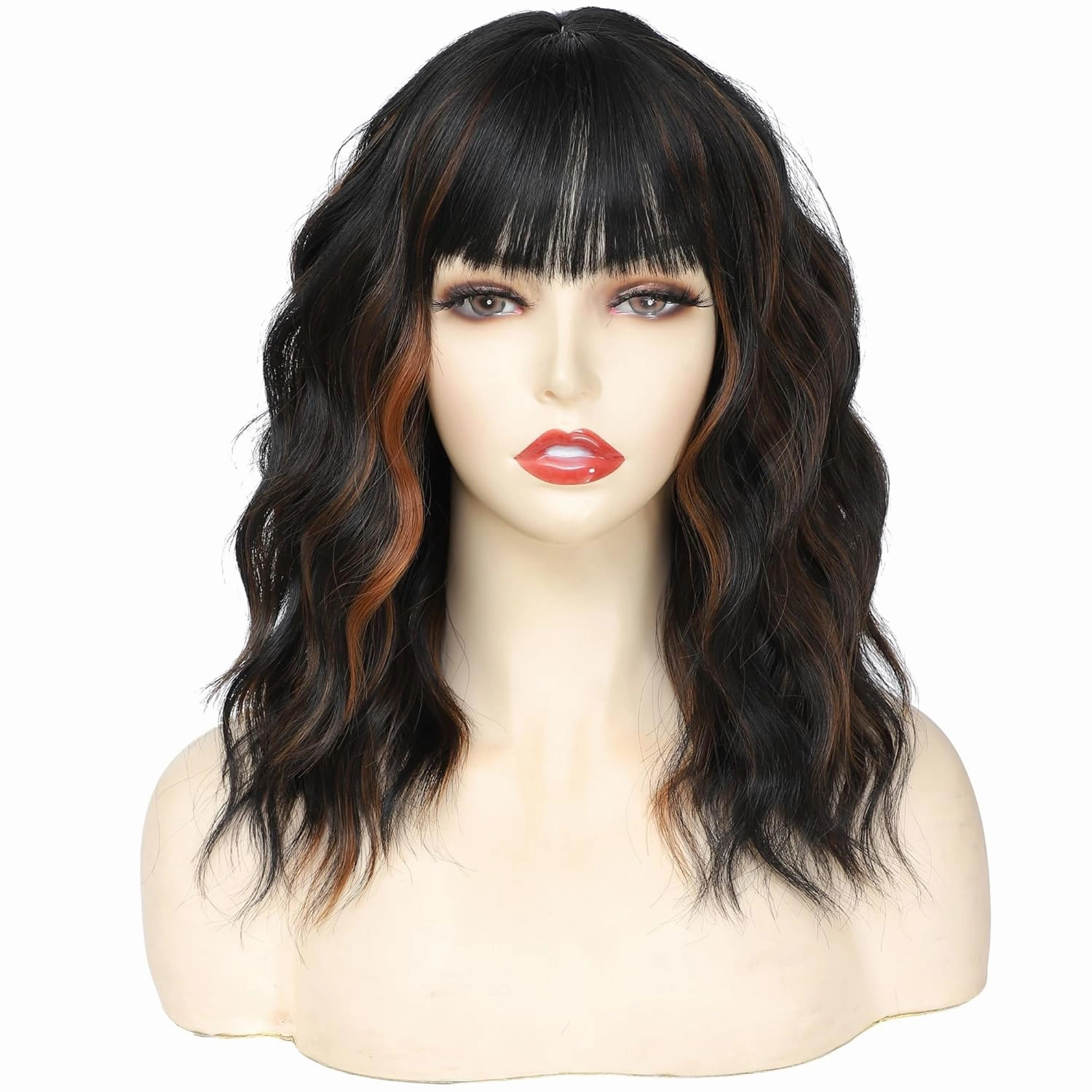 Black Mixed Brown Short Curly Wavy Wig with Bangs for Women Shoulder Length Bob Wig Women's Wigs Synthetic Heat Resistant Fiber Wigs for Daily Party Use (14 Inches)