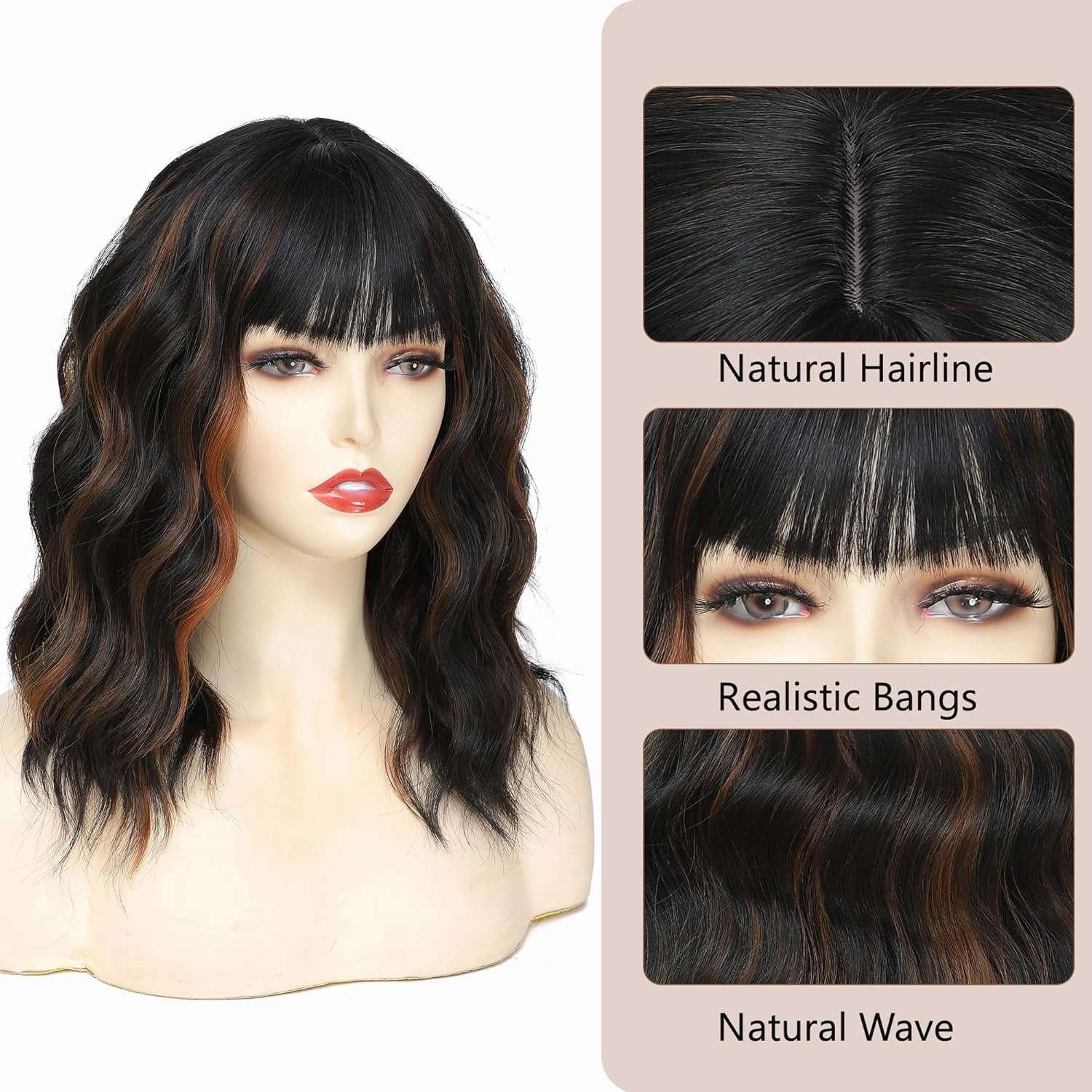 Black Mixed Brown Short Curly Wavy Wig with Bangs for Women Shoulder Length Bob Wig Women's Wigs Synthetic Heat Resistant Fiber Wigs for Daily Party Use (14 Inches)