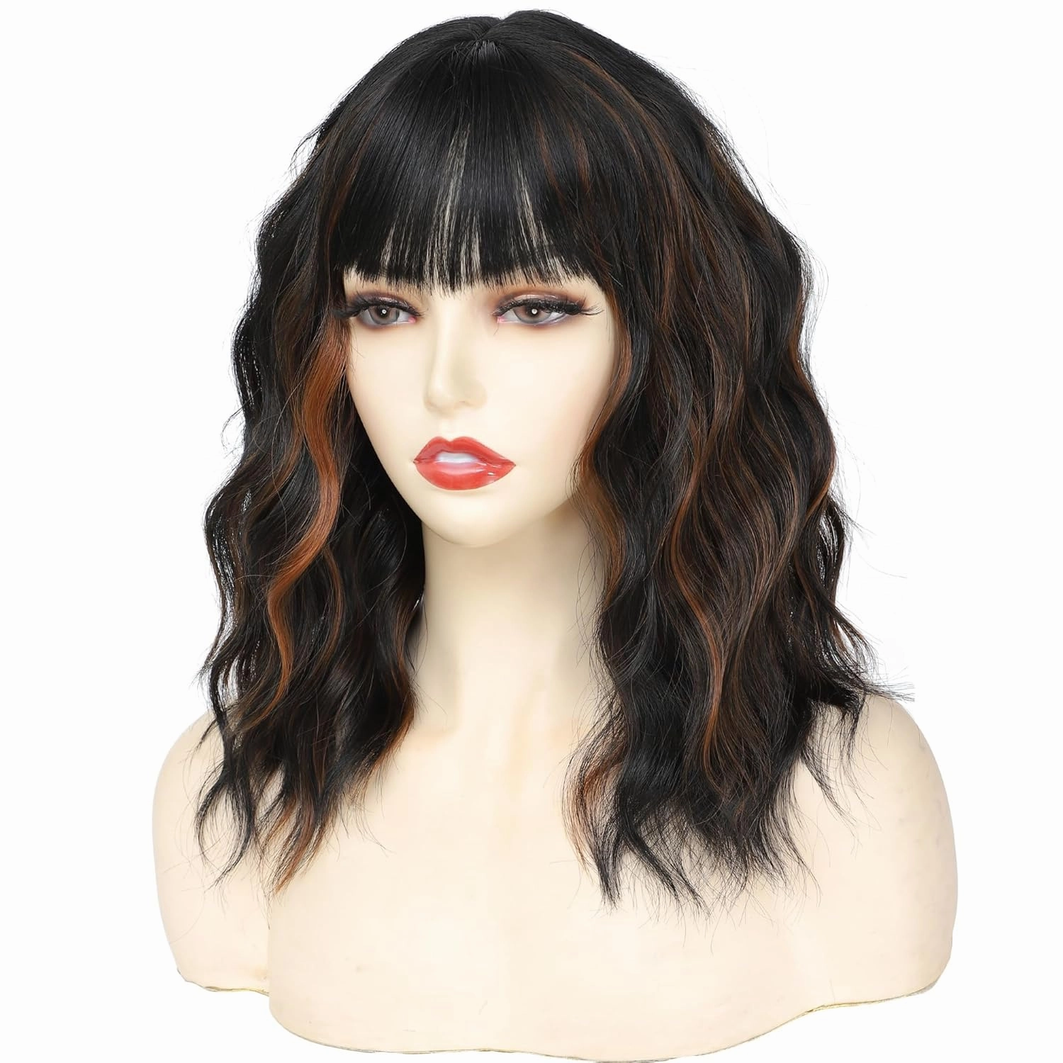 Black Mixed Brown Short Curly Wavy Wig with Bangs for Women Shoulder Length Bob Wig Women's Wigs Synthetic Heat Resistant Fiber Wigs for Daily Party Use (14 Inches)