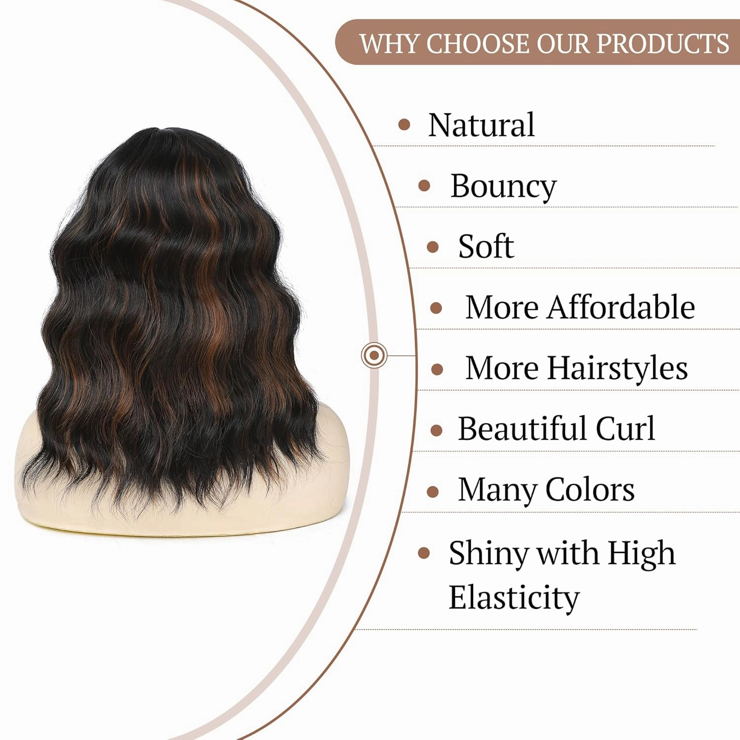 Black Mixed Brown Short Curly Wavy Wig with Bangs for Women Shoulder Length Bob Wig Women's Wigs Synthetic Heat Resistant Fiber Wigs for Daily Party Use (14 Inches)