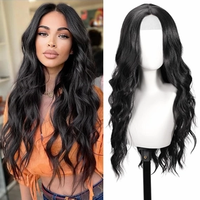 Black Wig for Women, 26 Inch Long Wavy Lace Hairline Middle Part Natural Looking Synthetic Heat Resistant Fiber Wigs for Daily, Party, Halloween and Cosplay, Black
