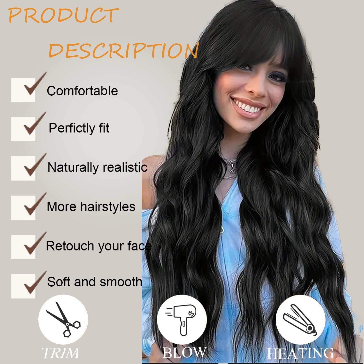 Black Wig with Bangs for Women Long Black Wavy Wigs 26 Inch Synthetic Curly Wavy Natural Black Bang Wig for Girls Daily Party Use