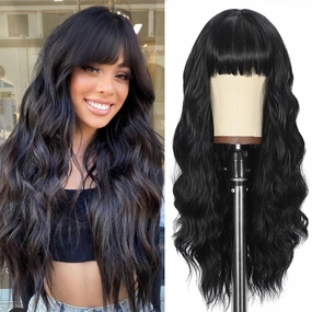 Black Wig with Bangs for Women Long Black Wavy Wigs 26 Inch Synthetic Curly Wavy Natural Black Bang Wig for Girls Daily Party Use