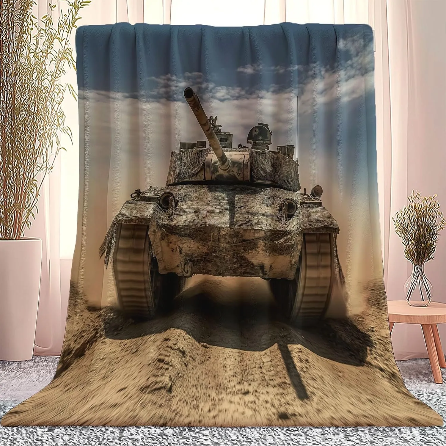 Blanket Army Desert Tank, 70" x 80" Throw Blanket Soft Flannel for Couch Sofa Bed, Light Brown Fleece Warm Cozy Throw for Bedroom Living Room Decor
