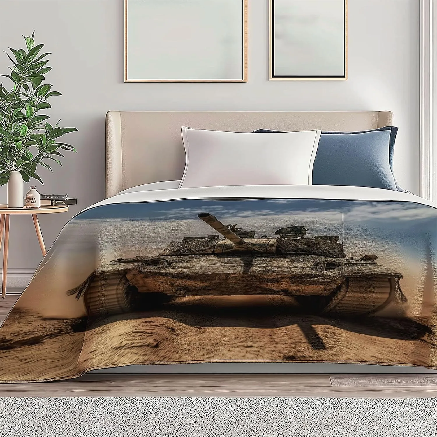 Blanket Army Desert Tank, 70" x 80" Throw Blanket Soft Flannel for Couch Sofa Bed, Light Brown Fleece Warm Cozy Throw for Bedroom Living Room Decor