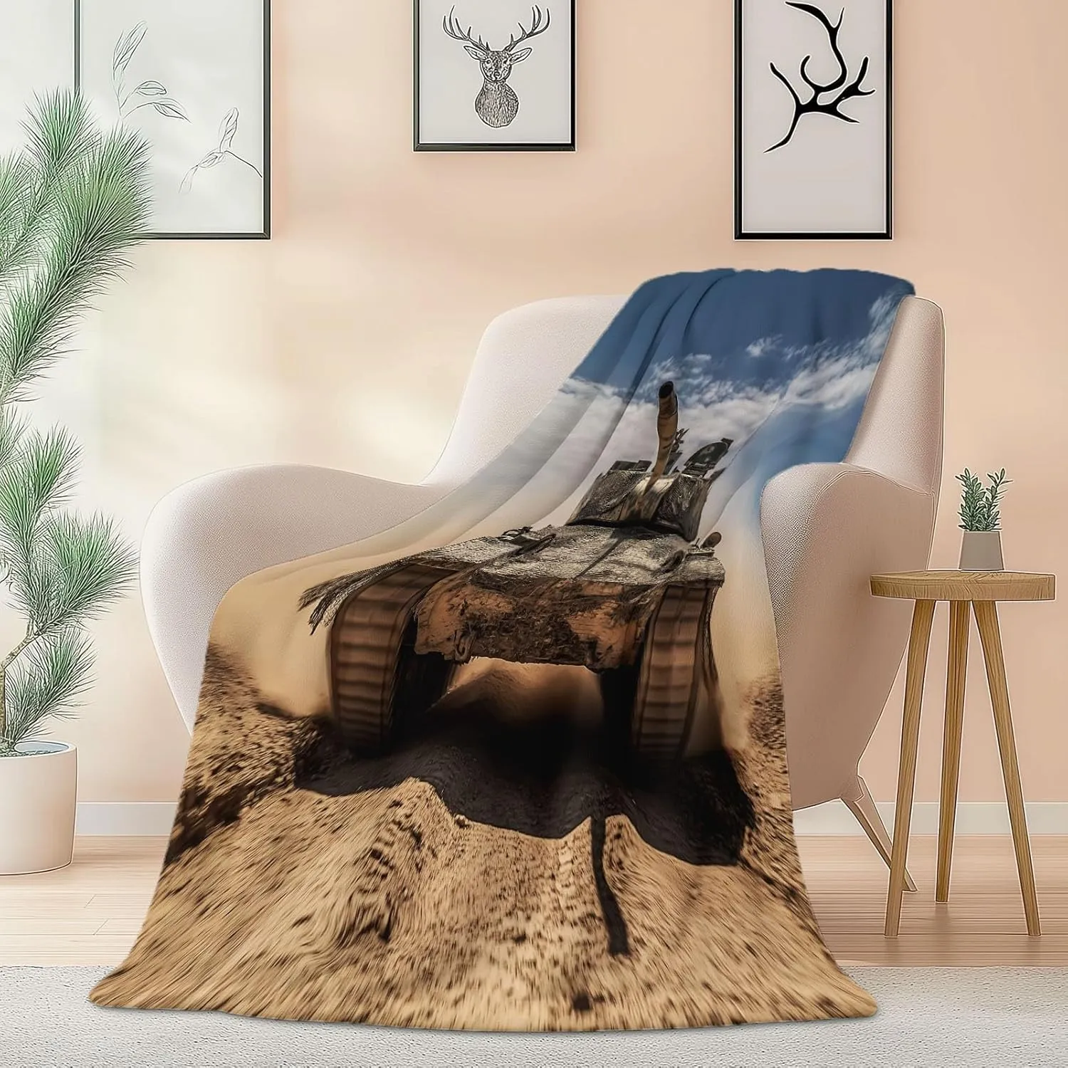 Blanket Army Desert Tank, 70" x 80" Throw Blanket Soft Flannel for Couch Sofa Bed, Light Brown Fleece Warm Cozy Throw for Bedroom Living Room Decor